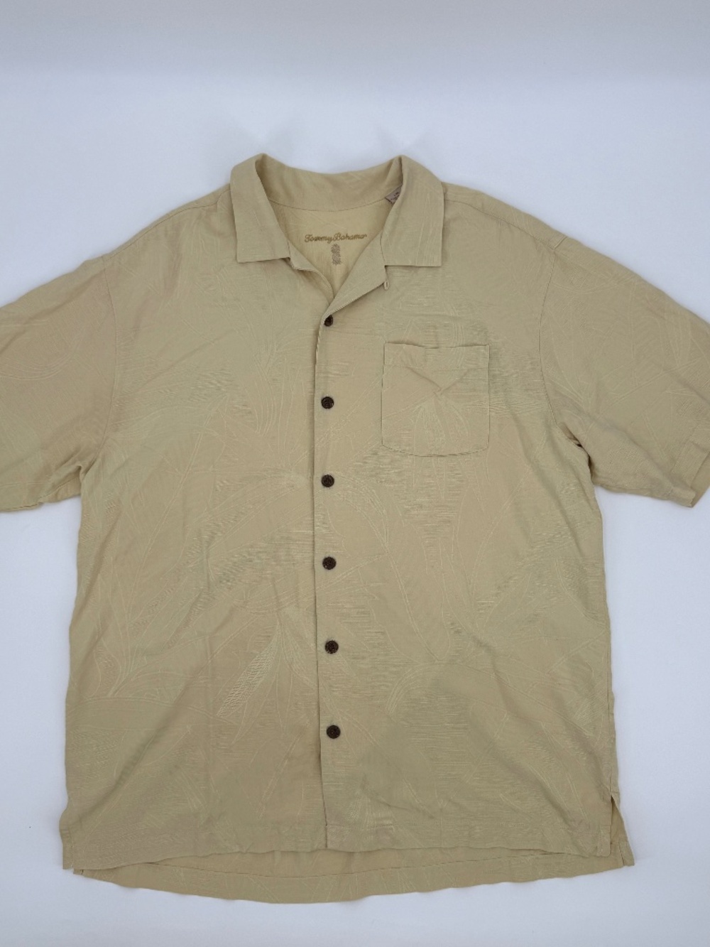 Tommy Bahama 100% Silk Cream Butter Yellow Jacquard Leaf  Hawaiian Shirt Men L